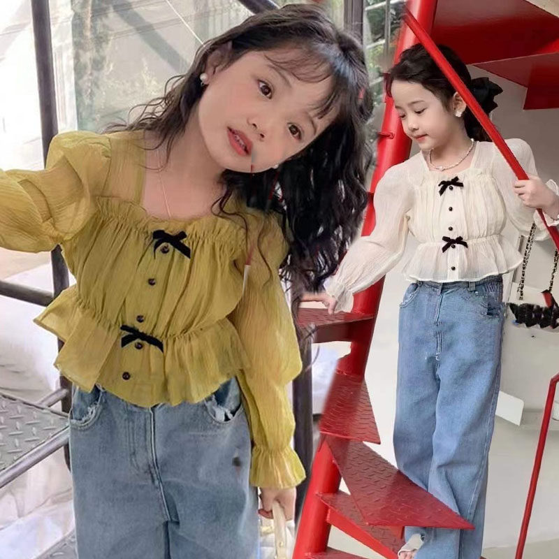 女童衬衫长袖上衣春秋装2026新款韩系衬衣蝴蝶结短装方领时髦洋气
