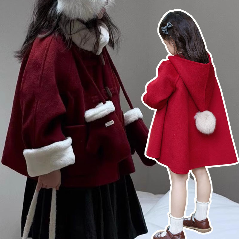 女童外套2026秋冬新款儿童夹棉加厚呢子大衣新年服圣诞保暖上衣潮
