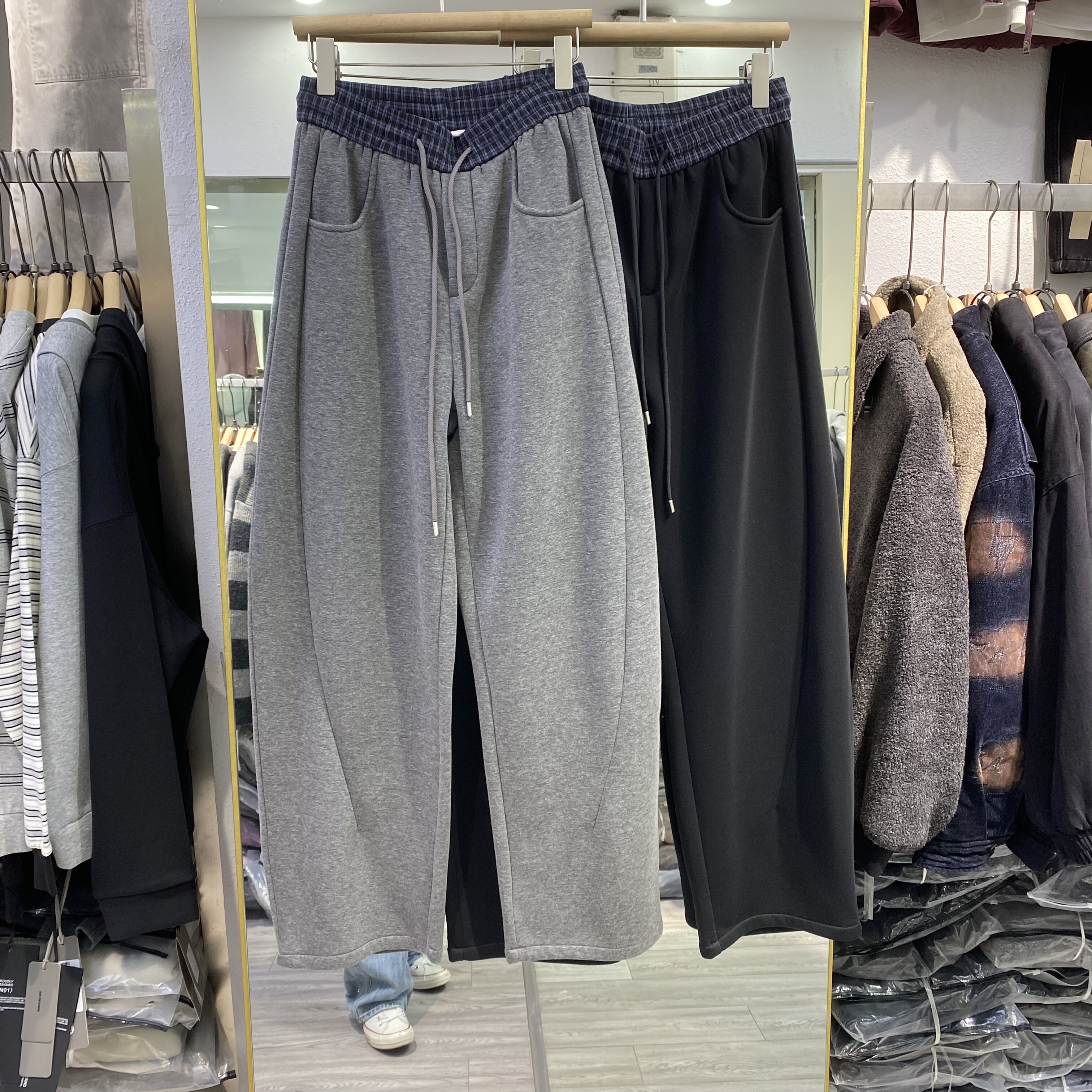 韩系美式简约秋冬加绒弯刀休闲裤裤男女复古宽松休闲直筒运动裤潮