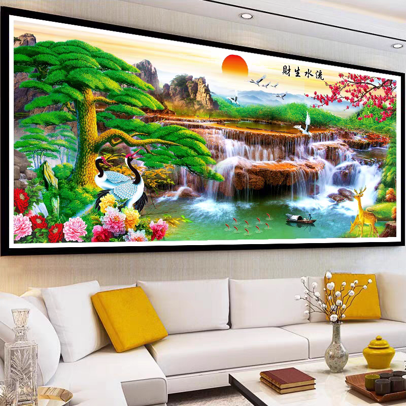 5d客厅钻石画满钻2026新款流水生财风景山水画贴钻十字绣点钻画