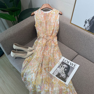 AURORA轻奢高端女装2025年夏季新款度假风苎麻系带收腰显瘦连衣裙