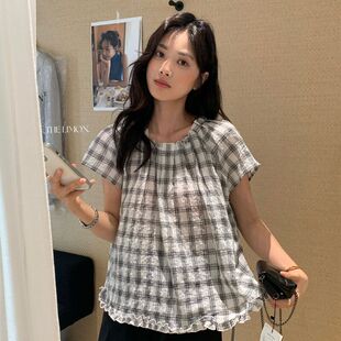 THE LEMON柠檬绿茶2026夏季韩系格子衬衫女短袖褶皱宽松显瘦小衫