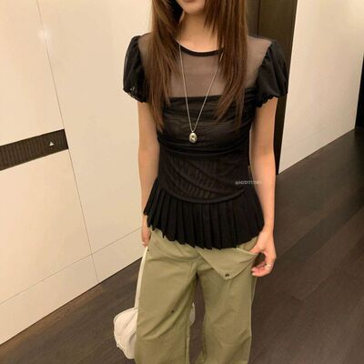 MZI STUDIO 夏季韩系甜美朦胧纱感褶皱百褶下摆圆领短袖小衫13201