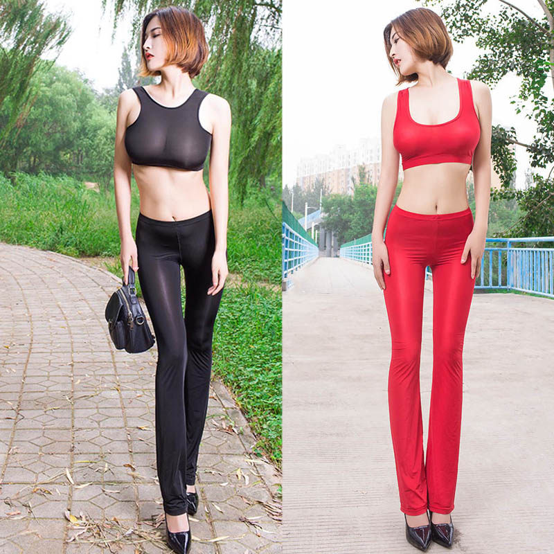 情趣开档紧身裤冰丝喇叭裤男女大码牛奶丝透明打底裤超薄套装