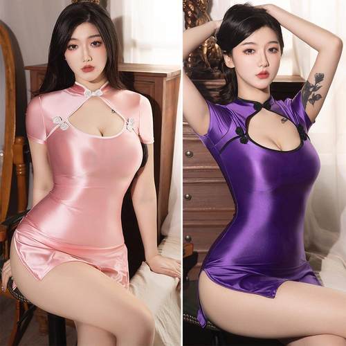 送丁字裤 油亮性感改良玫瑰盘扣侧开叉旗袍拼色小高领连衣裙睡裙