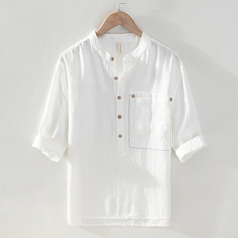 春夏新款亚麻中袖衬衫男士五分袖中式立领休闲麻料复古衬衣