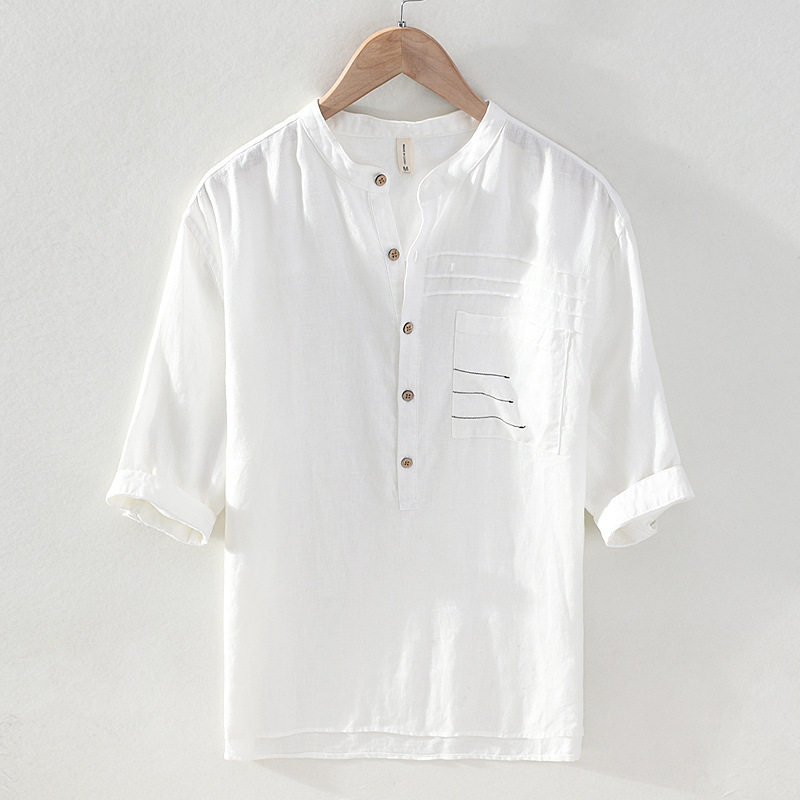 中国风亚麻衬衫男五分袖宽松立领春夏新款休闲中袖麻料衬衣