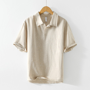 美式经典复古海鸥领Polo衫老钱风纯亚麻短袖T恤