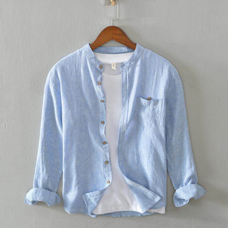 日系条纹亚麻衬衫男长袖休闲港风宽松立领棉麻衬衣外套夏季薄上衣