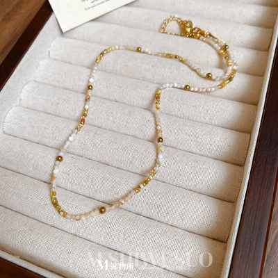 简约百搭ins轻奢感贝壳串珠项链法式叠戴金色小珠子气质锁骨链女