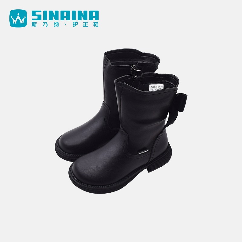 斯乃纳童鞋新冬季女童加绒保暖防滑皮靴儿童中筒保暖靴SP243644H