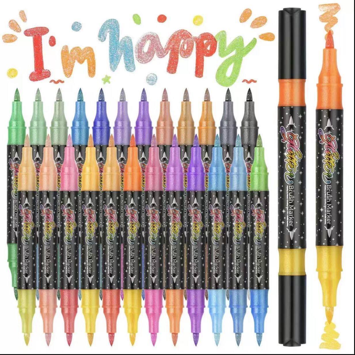 儿童学生彩绘手账爆闪珠光记号笔双色荧光笔