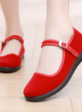 老北京布鞋女鞋黑色酒店工作鞋跳舞鞋妈妈鞋软底防滑红色平底布鞋