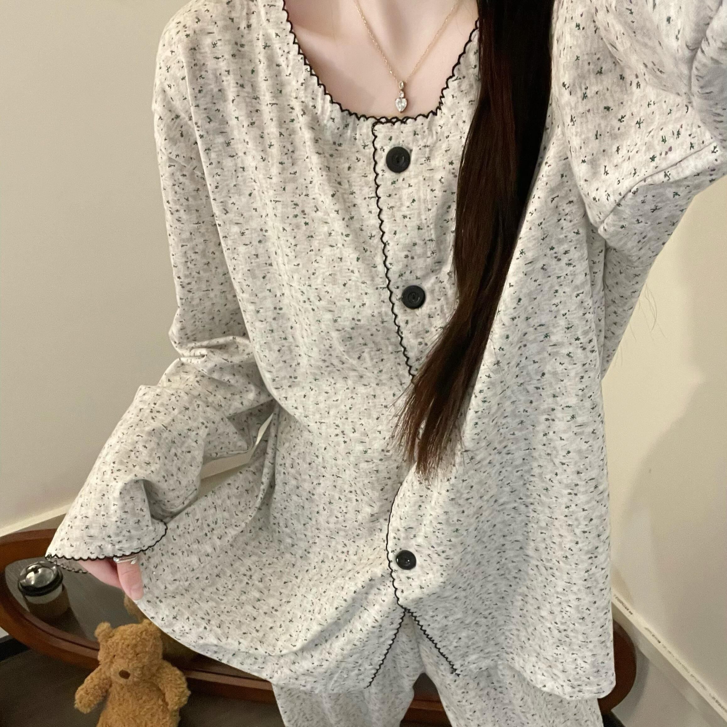 日本GP复古甜美碎花长袖睡衣女春款2026款可爱少女长裤家居服套装