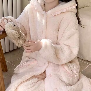 日本GP甜美可爱珊瑚绒睡袍女冬季新款少女粉加绒加厚保暖睡衣套装