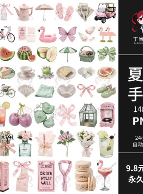 原创单车水果饮料野餐蝴蝶结电子手账拼贴纸PNG免抠图可商用素材