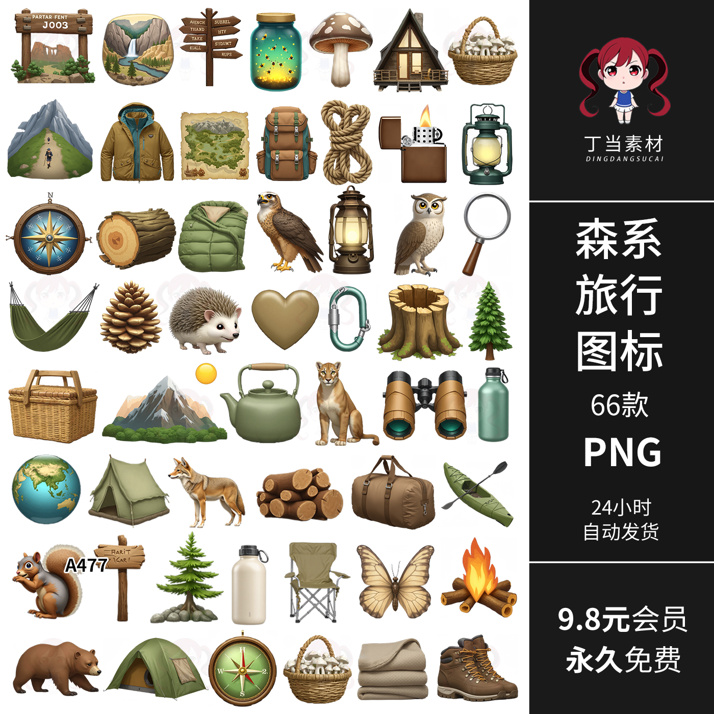 森系动物指路牌蝴蝶旅行探险帐篷图标emoji表情PNG免扣图美工素材