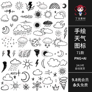 ins可爱黑白天气图标云雨彩虹太阳闪电AI矢量PNG免抠图可商用素材