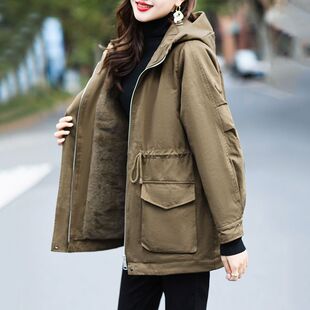 加绒加厚风衣女欧洲站大码外套女2025新款百搭派克服宽松女装冬装