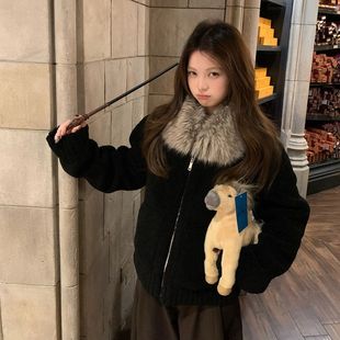 cookiedaily 伦敦冬夜挑染大毛领柔软环葆羊羔毛夹绒毛毛外套