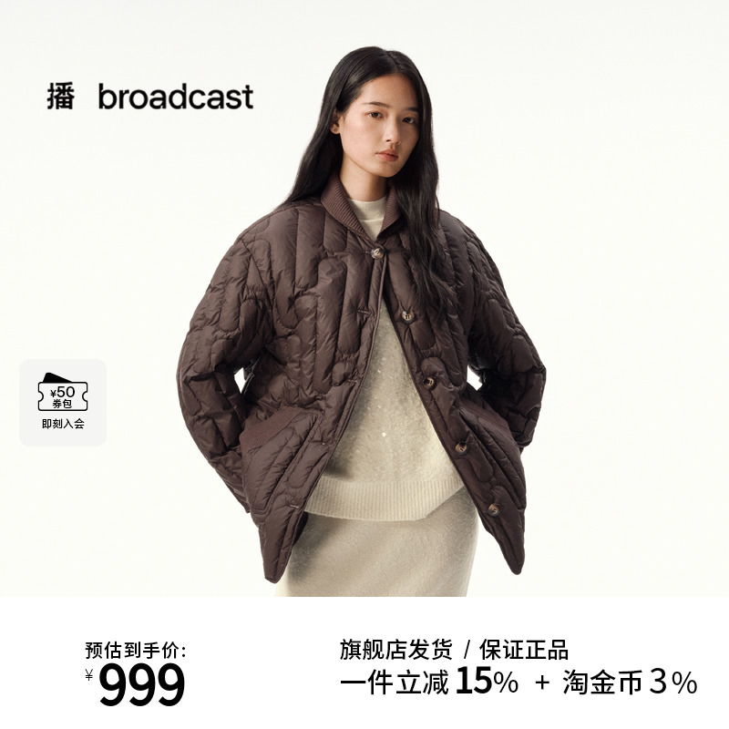 播简约翻领深棕色短款羽绒服