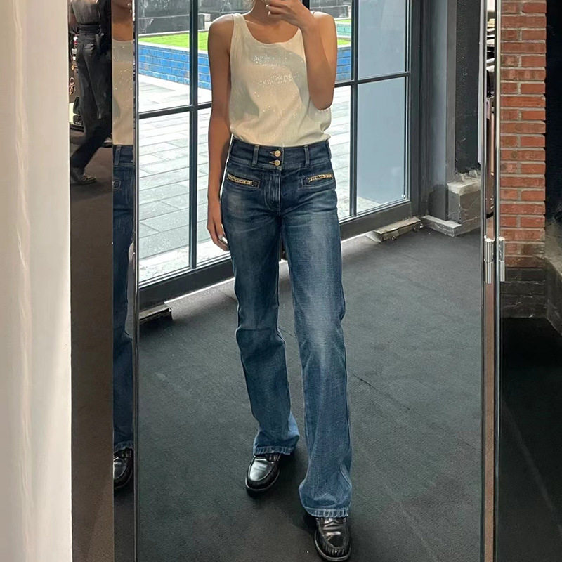 CE同款高腰复古水洗直筒裤金属链条牛仔阔腿裤23新款欧货牛仔裤女,女装/女士精品,牛仔裤,淘宝优惠券,粉丝福利购,淘宝优惠卷