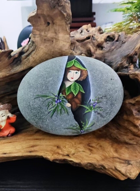 纯手绘不掉色丙烯石头画成品创意礼品石缝里的精灵3D立体画个性画