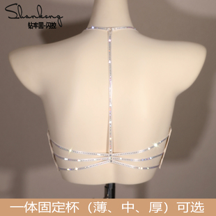 美背吊带文胸一体固定杯新款夏冰丝裹胸内搭聚拢带胸垫带钻内衣女