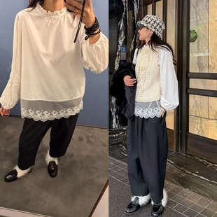 TZCO 「裙摆衬衫」蕾丝拼接超百搭的小裙摆花边领公主袖全棉衬衫