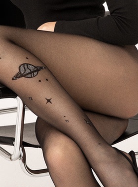 星空之旅FiORE SATURN 15D宇宙飞船月亮星星不对称提花连裤袜黑色