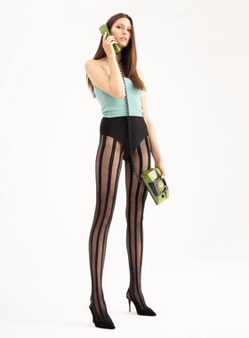 欧个性复古FIORE TELCO 20D天鹅绒竖条纹显瘦黑色透明连裤袜高腰