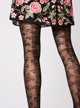 名模牡丹提花Fiore Frida 30D复古中缝背线锁眼性感连裤袜黑色秋