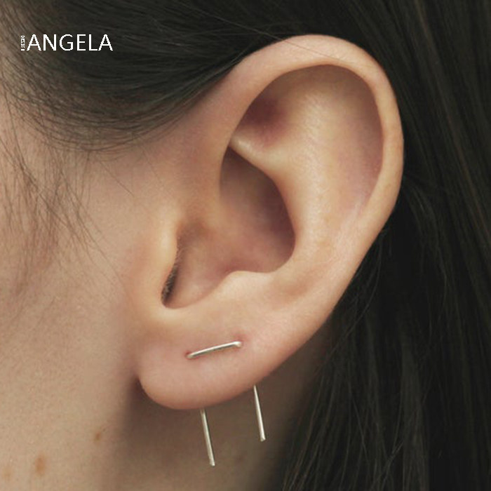 双耳洞耳钉纯银一字耳钉女欧美简约风个性时尚耳环14K包金ins耳环