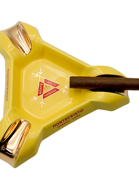 包邮 古巴原装蒙特陶瓷雪茄烟灰缸 三位黄色多人用大雪茄烟灰盅