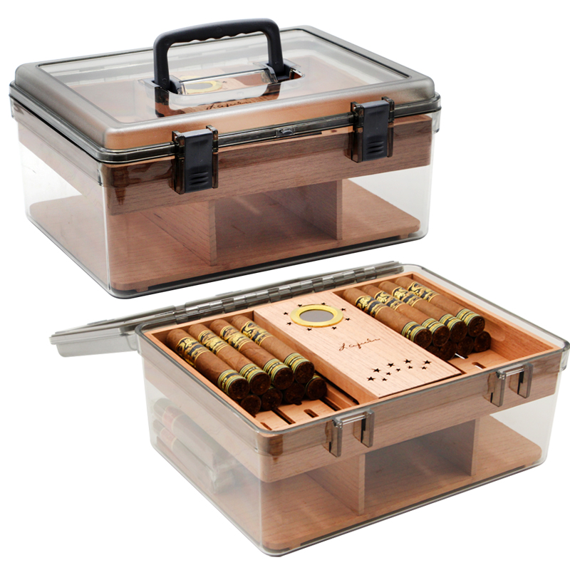 Lafuli雪松木乐扣手提雪茄盒 透明温湿度计密封保湿醇化防潮便携