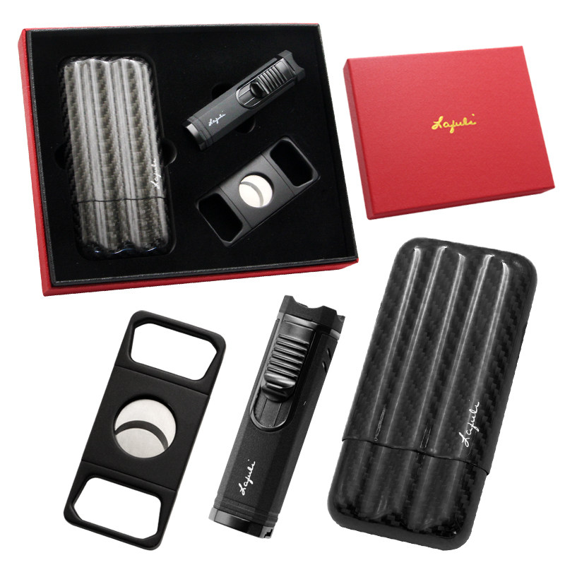 包邮 Lafuli雪茄剪打火机套装 碳纤维便携雪茄套打孔器工具三件套