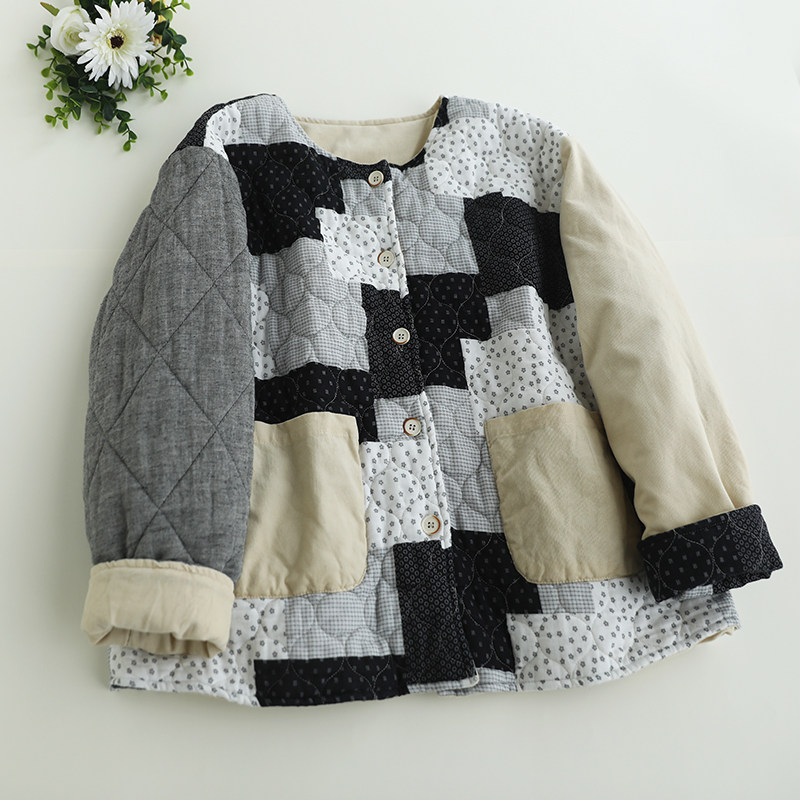 森系印花拼色两面穿棉服女装