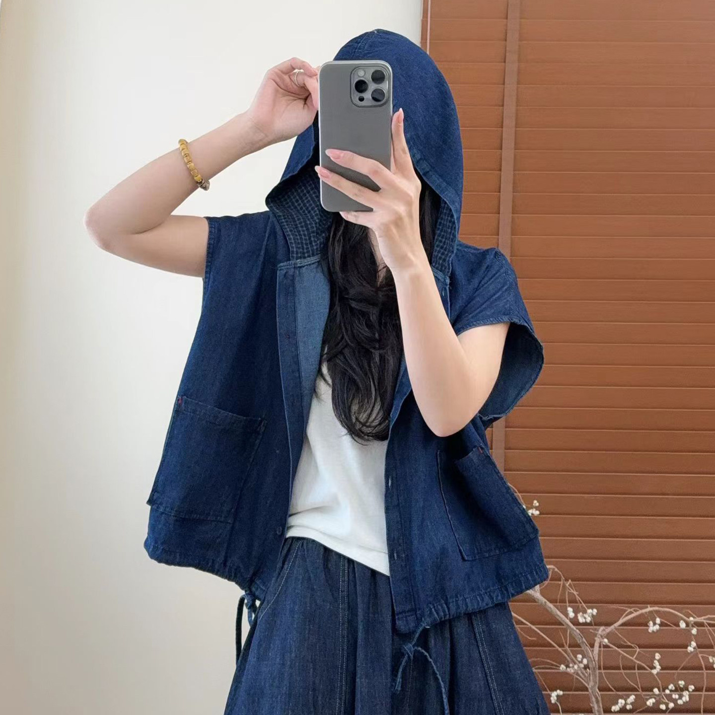 文艺宽松连帽牛仔马甲女春夏