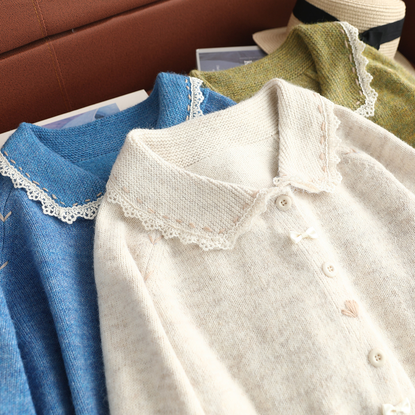 森女系小翻领花边宽松针织开衫
