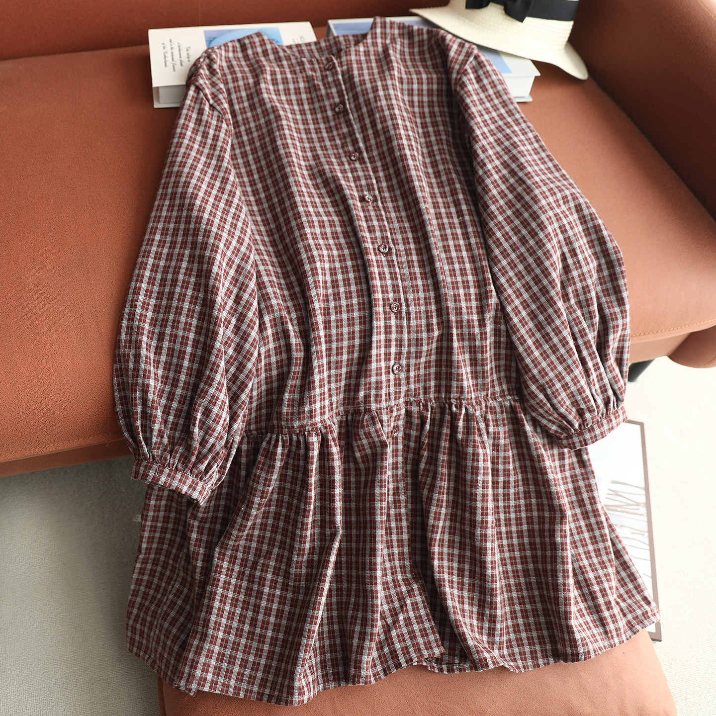 中长款格子立领单排扣女长袖衬衫