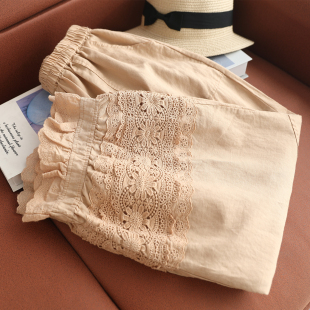 九分灯笼裤 女宽松百搭减龄文艺花苞裤 棉线钩花拼接棉麻九分裤 新款