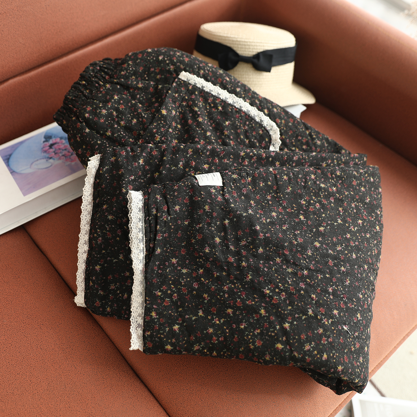 冬季新款蕾丝花边拼接碎花九分棉裤女宽松保暖休闲复古文艺保暖裤