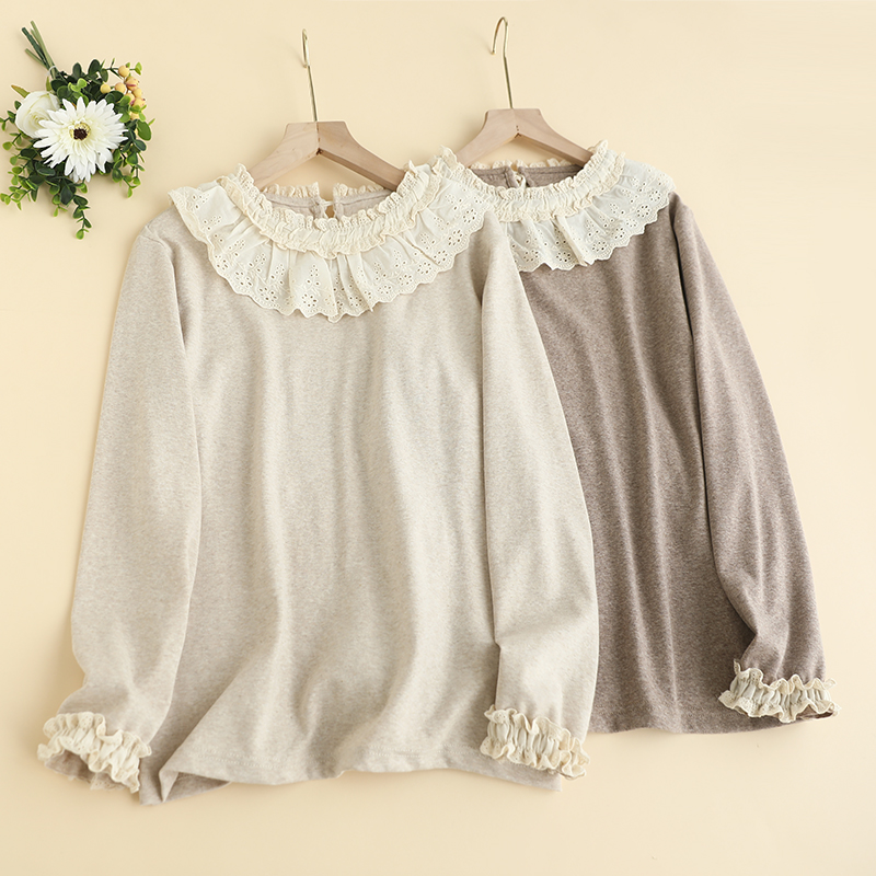 新款森系花边圆领打底衫宽松长袖纯棉套头T恤衫小清新减龄上衣 潮