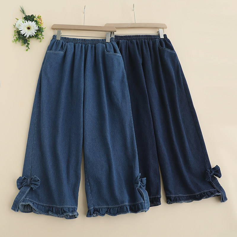 新款蝴蝶结设计感减龄牛仔裤女宽松百搭小清新甜美可爱阔腿九分裤