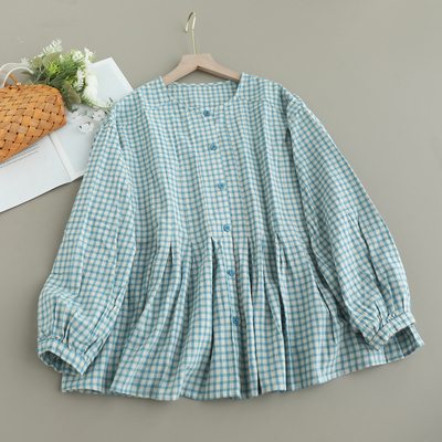 新款简约圆领长袖格子衬衫