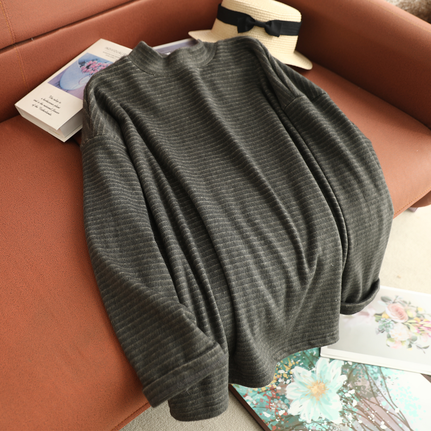 新款磨毛条纹半高领宽松百搭大版型T恤衫女叠穿柔软舒适叠穿上衣