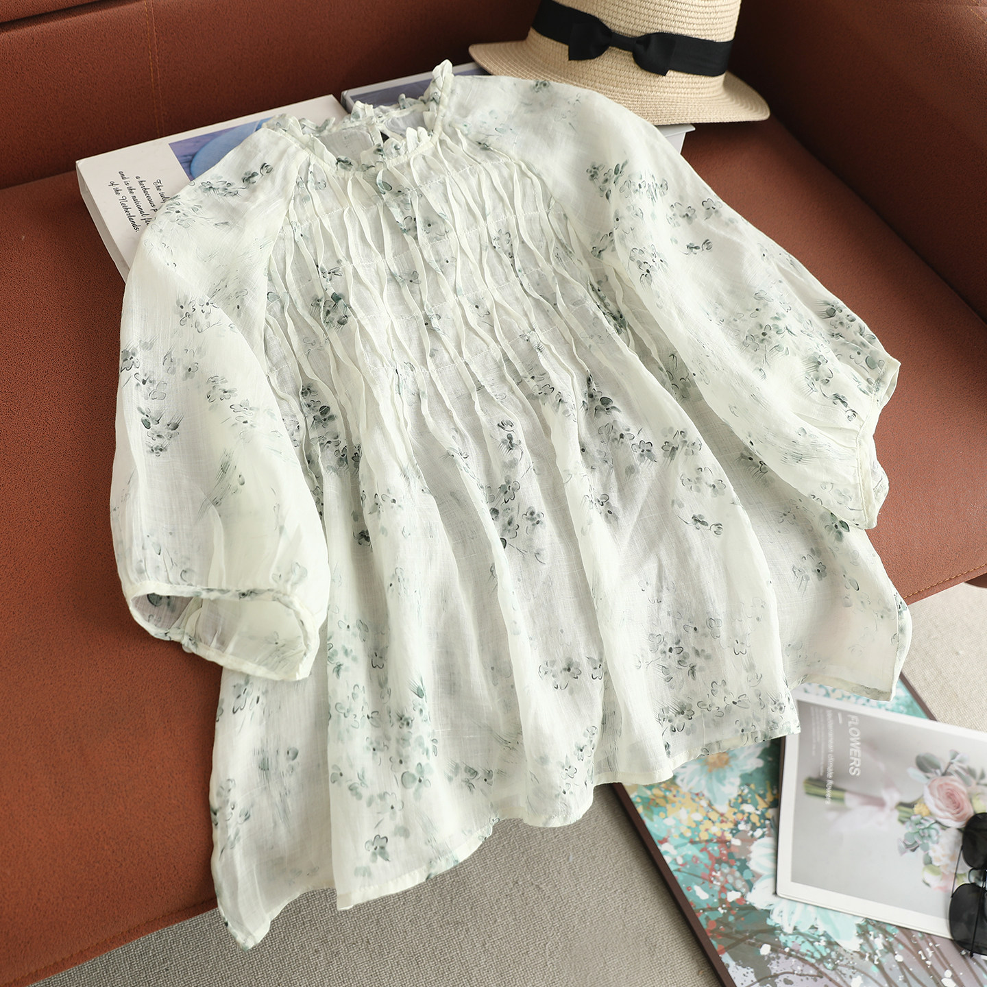 春夏小清新苎麻碎花短袖娃娃衫
