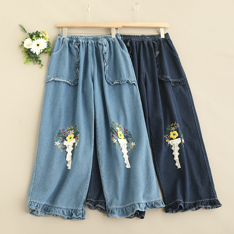 新款森女系松紧腰膝盖花朵刺绣牛仔裤文艺口袋下摆木耳花边阔腿潮