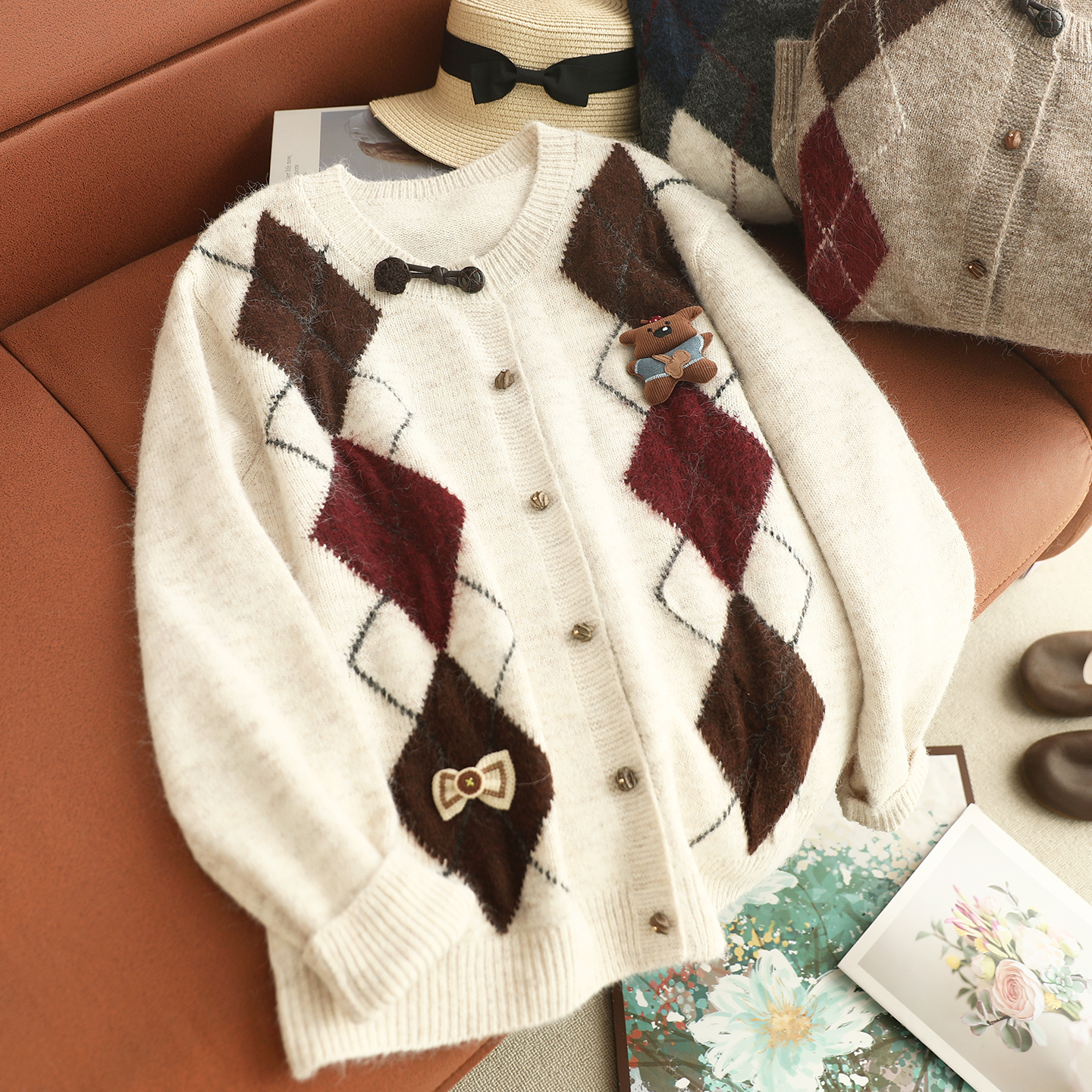 秋冬新款盘扣菱格短款针织开衫