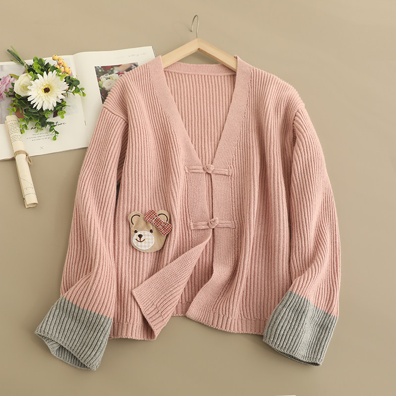 森女系新中式盘扣V领撞色针织开衫女甜美可爱卡通小熊毛衣外套 潮